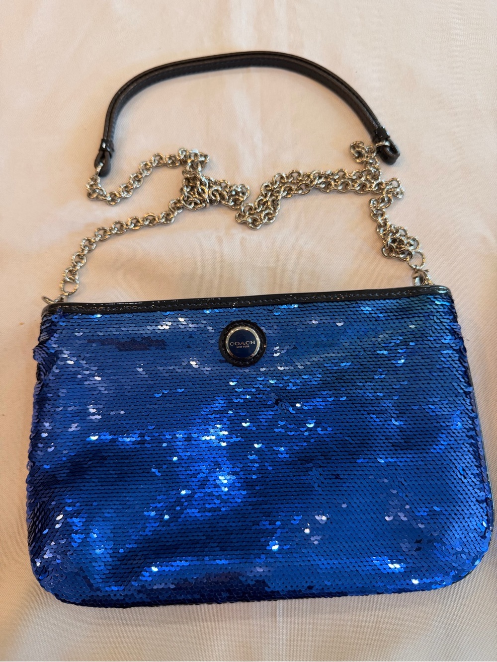 Coach Poppy Blue Sequin Crossbody Clutch with Leather Silver Chain Strap